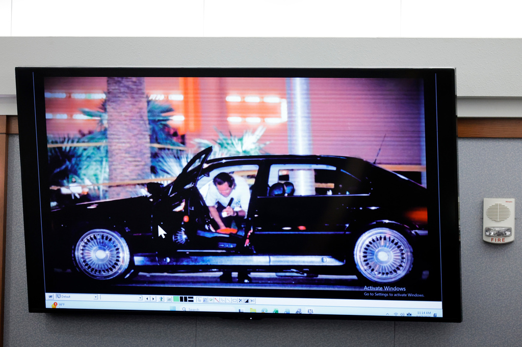A 1996 photograph of the car that rapper Tupac Shakur was riding in when he was shot, is displayed during the Duane Davis murder trial, related to the 1996 killing of the rapper, at Clark County District Court Regional Justice Center in Las Vegas, Monday, Aug. 17, 2026. (Steve Marcus/Pool Photo via AP) CORRECTION: corrects spelling from Shukur to Shakur