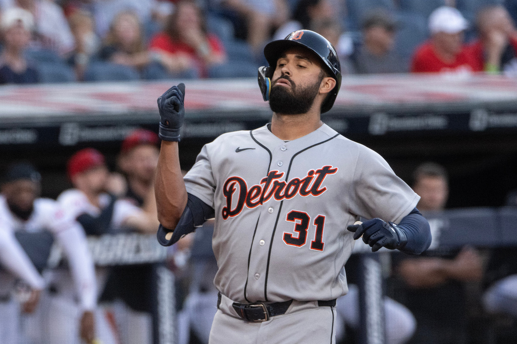 Detroit Tigers' Riley Greene reacts after hitting a solo home run off Cleveland Guardians starting pitcher Parker Messick during the first inning of a baseball game, Saturday, Sept. 5, 2026, in Cleveland. (AP Photo/Phil Long)