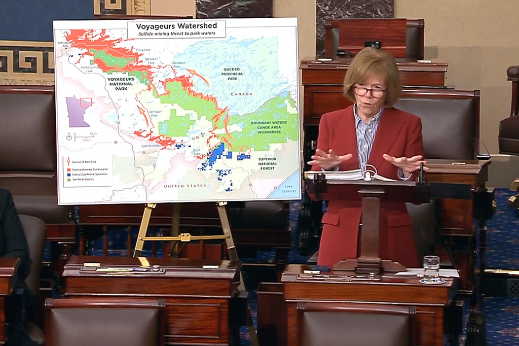 In this image from Senate Television video, Sen. Tina Smith, D-Minn., speaks about the Boundary Waters in northern Minnesota, on the Senate floor at the U.S. Capitol in Washington, Wednesday, April 15, 2026. (Senate Television via AP)