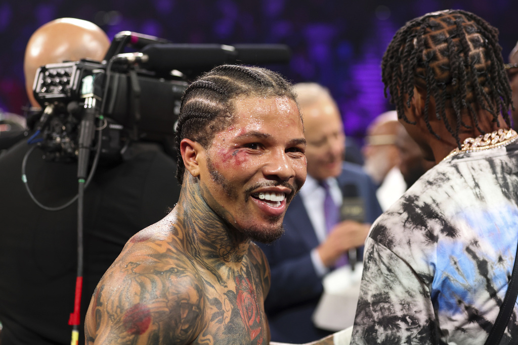 FILE- Gervonta "Tank" Davis smiles in the ring after knocking out Frank Martin during the WBA lightweight championship boxing bout, June 15, 2024, in Las Vegas. (Ellen Schmidt/Las Vegas Review-Journal via AP, File)