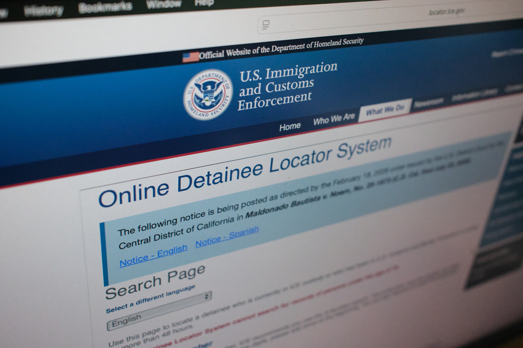 The U.S. Immigration and Customs Enforcement website used to locate someone in immigration detention is displayed, Monday, Sept. 21, 2026, in New York. (AP Photo/Rachel Leathe)