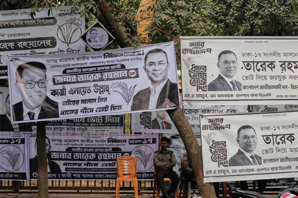 Security personnel guard near the chairman office of the Bangladesh Nationalist Party (BNP) before the national parliamentary election result is announced in Dhaka, Bangladesh, Thursday, Feb. 12, 2026. (AP Photo/Anupam Nath)