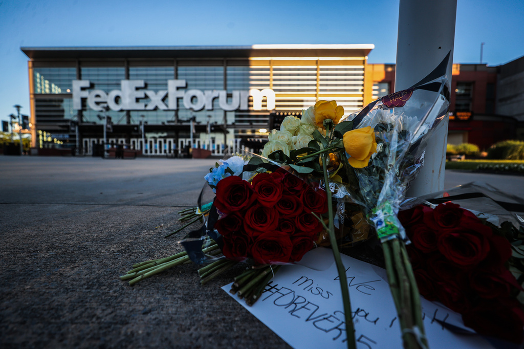 Flowers and words of support for Memphis Grizzlies forward Brandon Clarke, who died in Los Angeles at the age of 29, are seen at a small memorial outside the FedEx Forum in Memphis, Tenn., Tues., May 12, 2026. (Patrick Lantrip/Daily Memphian via AP)