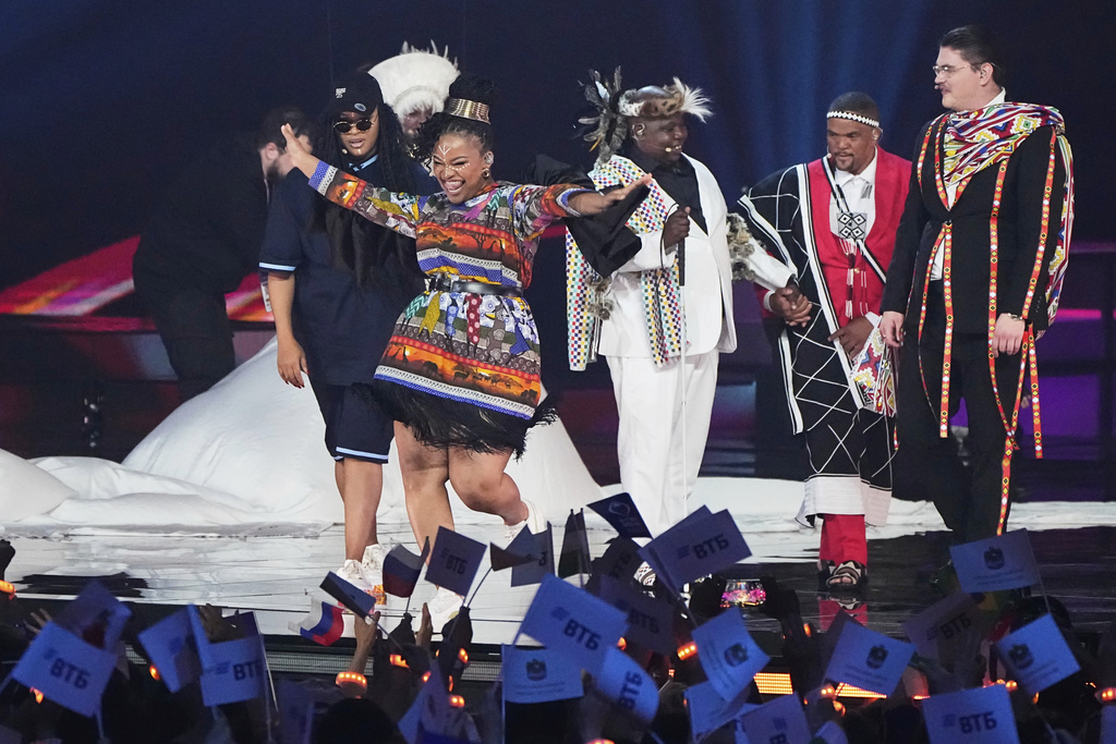South Africa's Mzansi Jikelele group performs the song "Home" at the International Music Competition "Intervision" at the Live Arena outside Moscow, Russia, Saturday, Sept. 20, 2025. (AP Photo/Alexander Zemlianichenko)