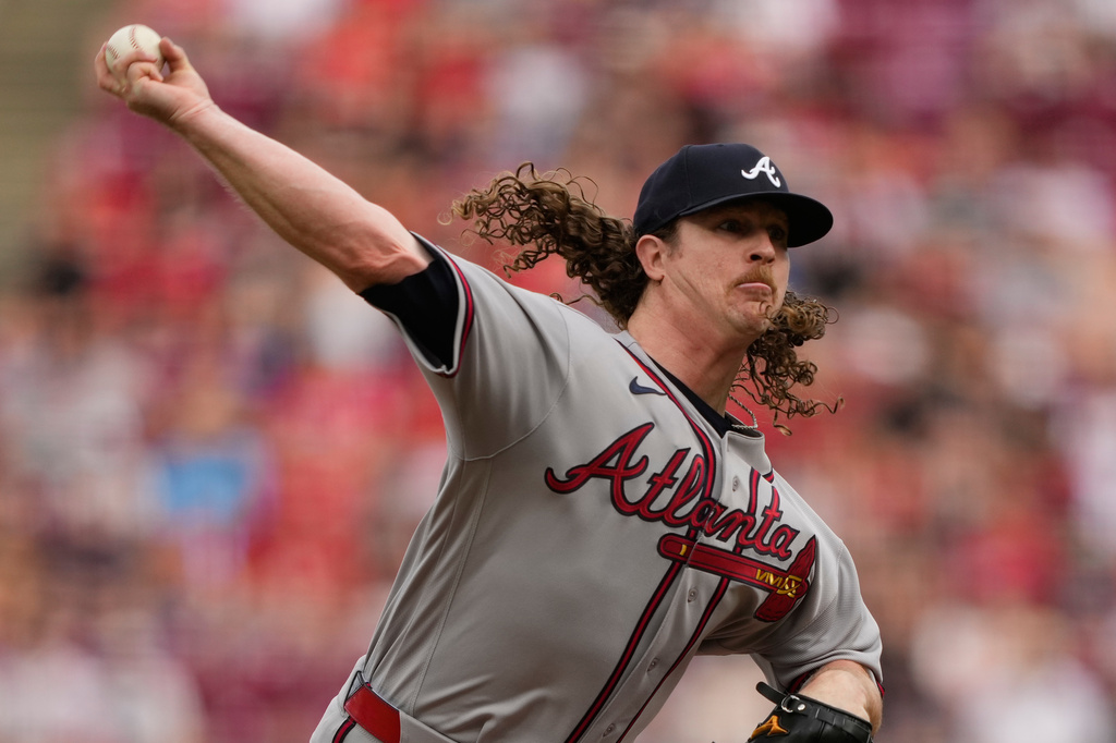 Atlanta Braves pitcher Grant Holmes throws during the first inning of a baseball game against the Cincinnati Reds in Cincinnati, Friday, May 29, 2026. (AP Photo/Carolyn Kaster)