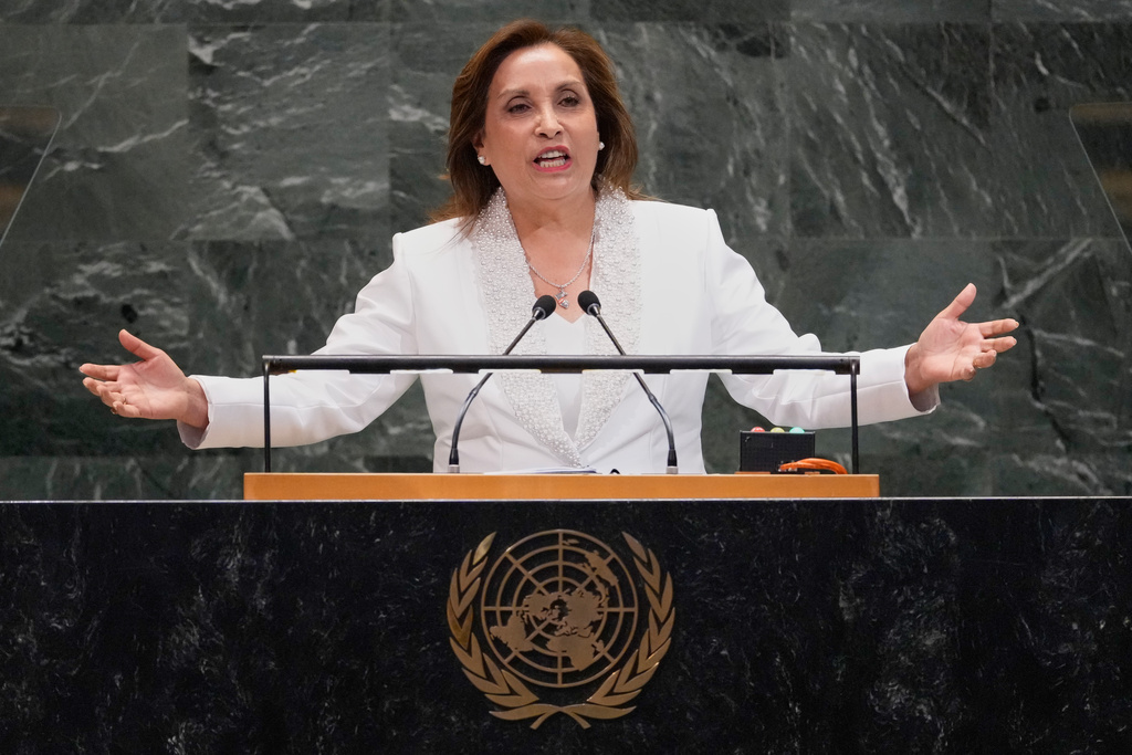 Peru President Dina Ercilia Boluarte Zegarra addresses the 80th session of the United Nations General Assembly, Tuesday, Sept. 23, 2025. (AP Photo/Richard Drew)