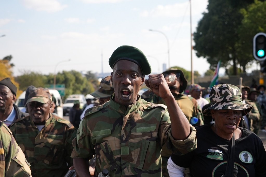 An Operation Dudula member shouts slogans in Johannesburg, South Africa, Thursday, July 17, 2025,(AP Photo/Alfonso Nqunjana)