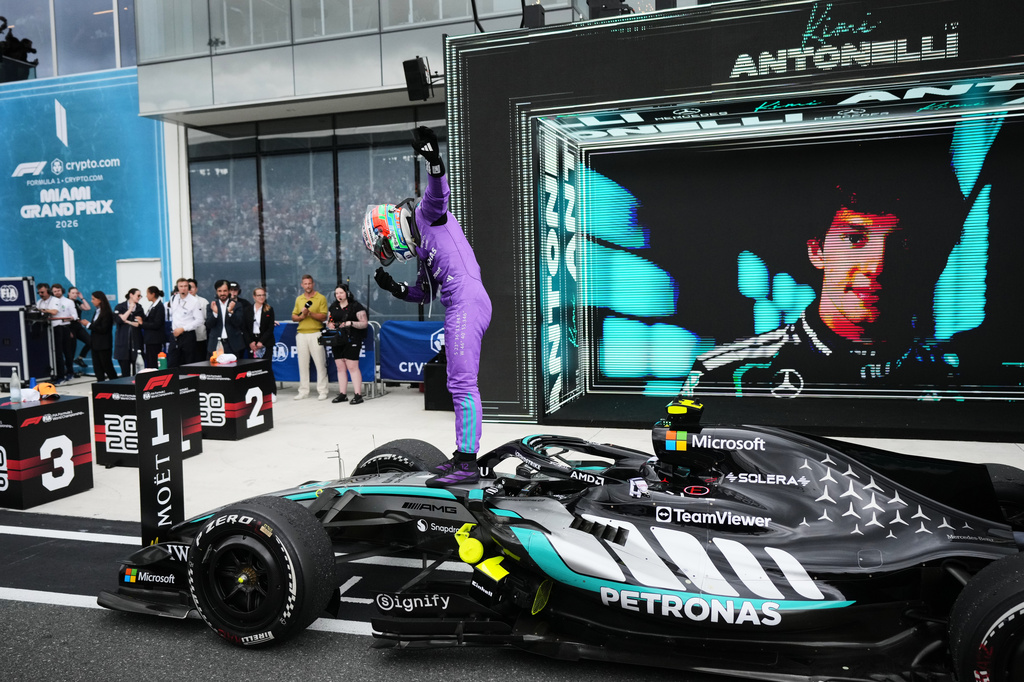 Mercedes driver Kimi Antonelli of Italy celebrates after winning the Miami Formula One Grand Prix auto race, Sunday, May 3, 2026, in Miami Gardens, Fla. (AP Photo/Rebecca Blackwell)