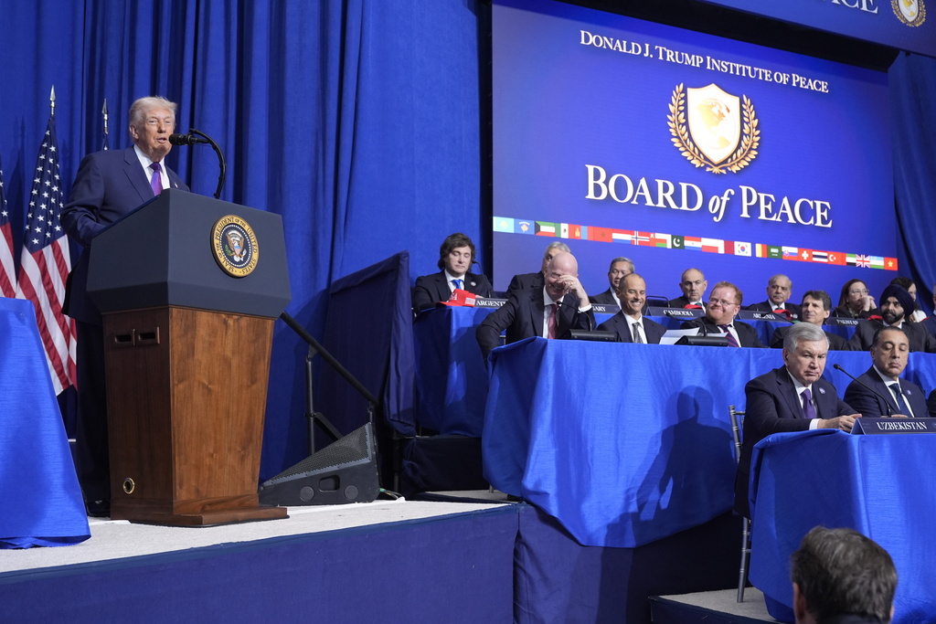 President Donald Trump speaks during a Board of Peace meeting at the U.S. Institute of Peace, Thursday, Feb. 19, 2026, in Washington. (AP Photo/Mark Schiefelbein)