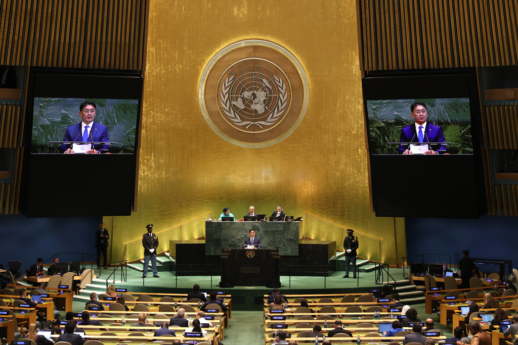 President of Mongolia, Khurelsukh Ukhnaa, addresses the 80th session of the United Nations General Assembly, Tuesday, Sept. 23, 2025, at U.N. headquarters. (AP Photo/Pamela Smith)