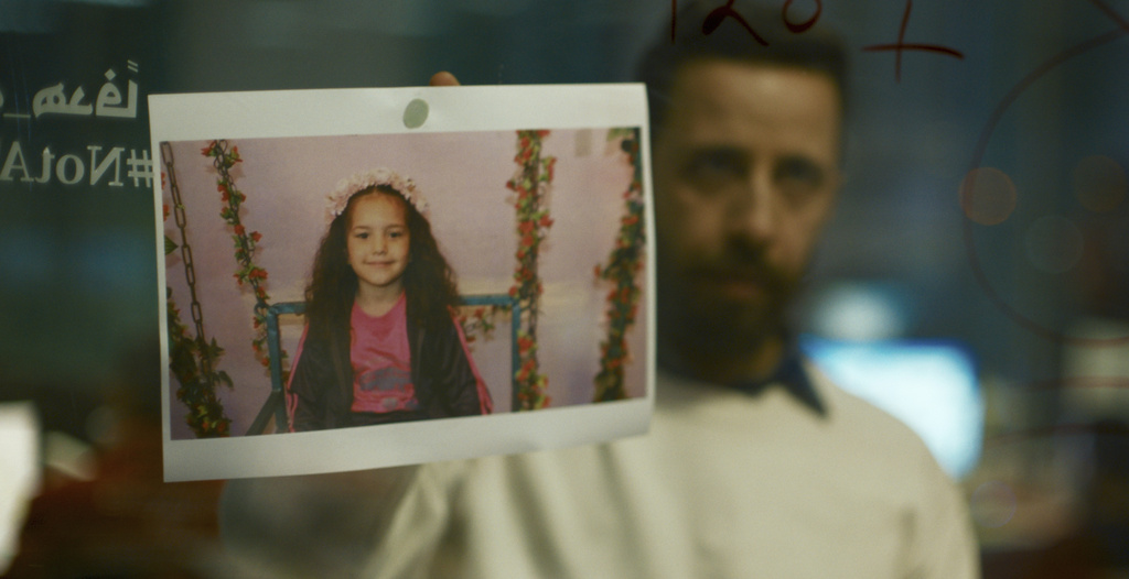 This image released by Mime Films/Tanit Films shows Motaz Malhees in a scene from" The Voice of Hind Rajab." (Mime Films/Tanit Films via AP)