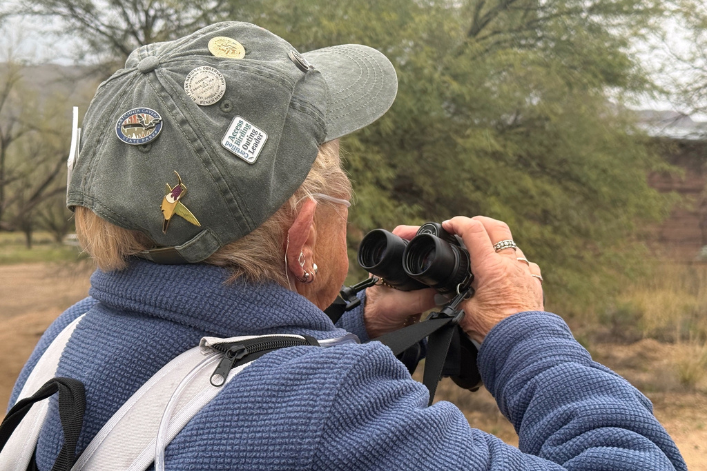 Group leader Marcia OBara checks the landscape for birds during an accessible birding walk at Feliz Paseos Park in Tucson, Ariz., on Feb. 4, 2026. (Anita Snow via AP)