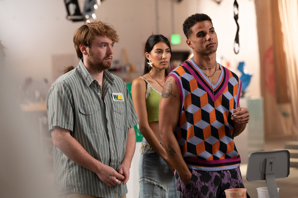 This image released by Magnolia Pictures shows Cooper Hoffman, left, and Mason Gooding, right, in a scene from "I Want Your Sex." (Magnolia Pictures via AP)
