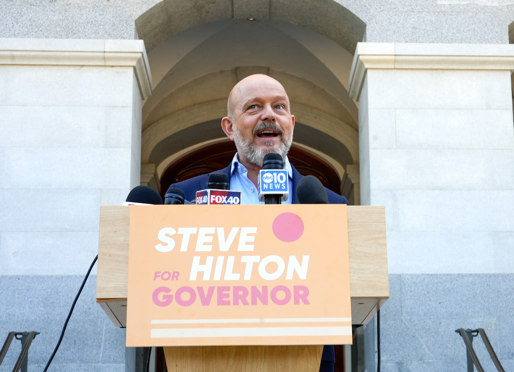 California Republican gubernatorial candidate Steve Hilton speaks to reporters outside the Capitol in Sacramento, Calif., Wednesday, June 3, 2026. (AP Photo/Rich Pedroncelli)