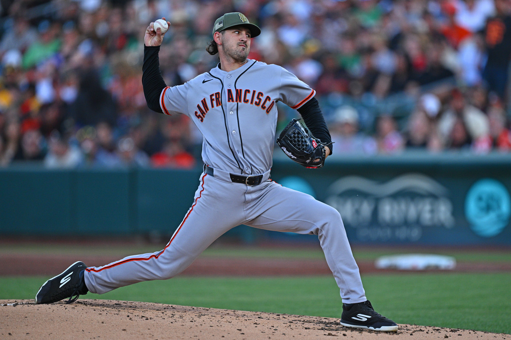 San Francisco Giants pitcher Tyler Mahle throws against the Athletics in the second inning of a baseball game in West Sacramento, Calif., Friday, May 15, 2026. (Jose Carlos Fajardo/Bay Area News Group via AP)