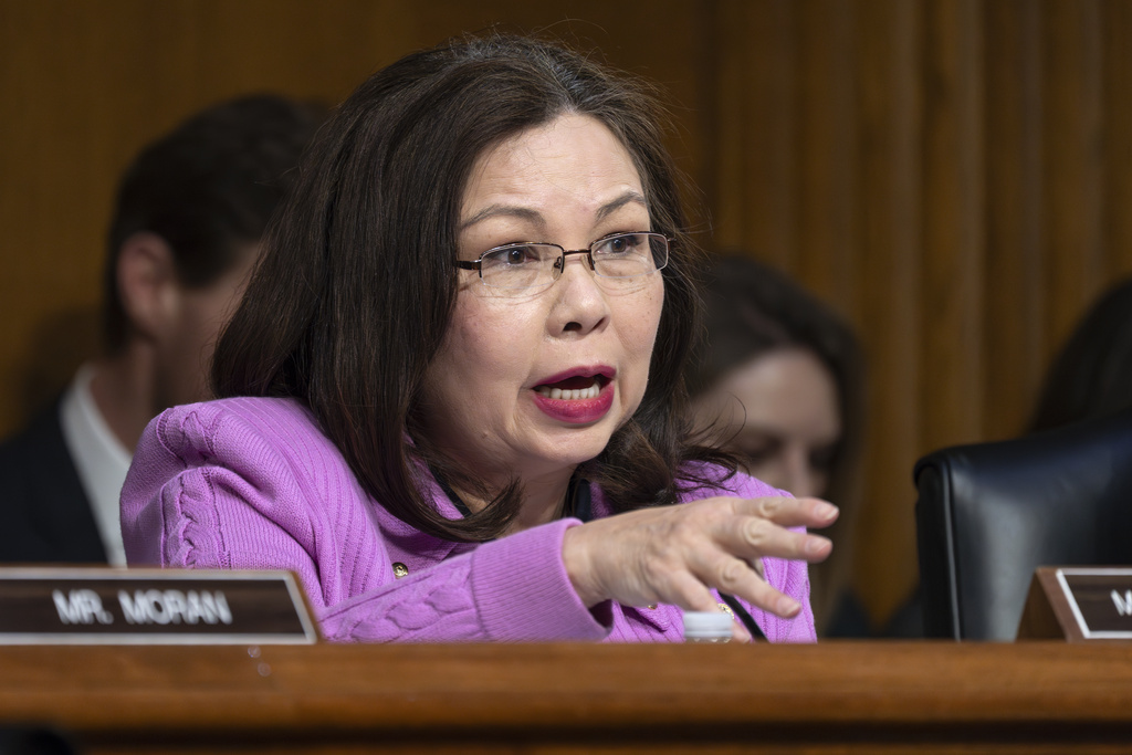 FILE - Sen. Tammy Duckworth, D-Ill., the ranking member of the Senate Transportation Subcommittee, speaks during a hearing on Capitol Hill in Washington, Thursday, March 27, 2025. (AP Photo/J. Scott Applewhite, File)