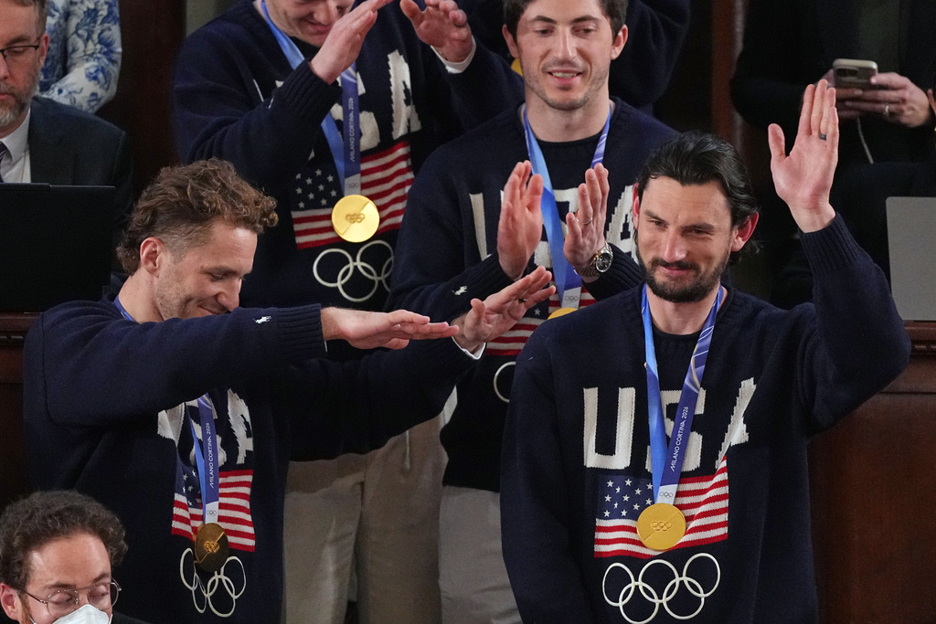 Members of the United States' hockey team attend as President Donald Trump delivers the State of the Union address to a joint session of Congress in the House chamber at the U.S. Capitol in Washington, Tuesday, Feb. 24, 2026. (AP Photo/Matt Rourke)