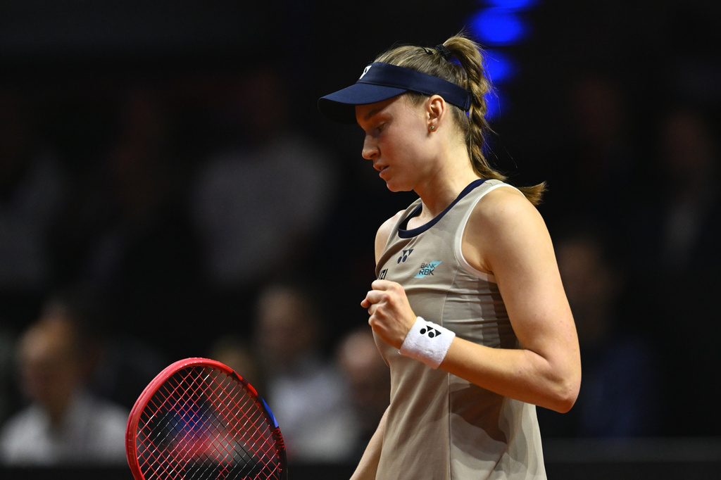 Kazakhstan's Elena Rybakina reacts to winning a point as she plays against Czech Republic's Karolina Muchova, during the women's final match at the Stuttgart Open tennis tournament, in Stuttgart, Germany, Sunday, April 19, 2026. (Marijan Murat/dpa via AP) CORRECTION:name corrected to Elena instead of Jelena