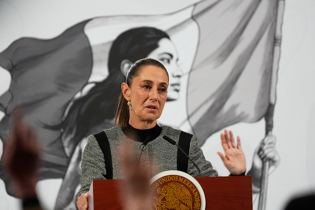Mexican President Claudia Sheinbaum speaks during her daily morning press conference at the National Palace in Mexico City, Friday, Nov. 28, 2025. (AP Photo/Marco Ugarte)