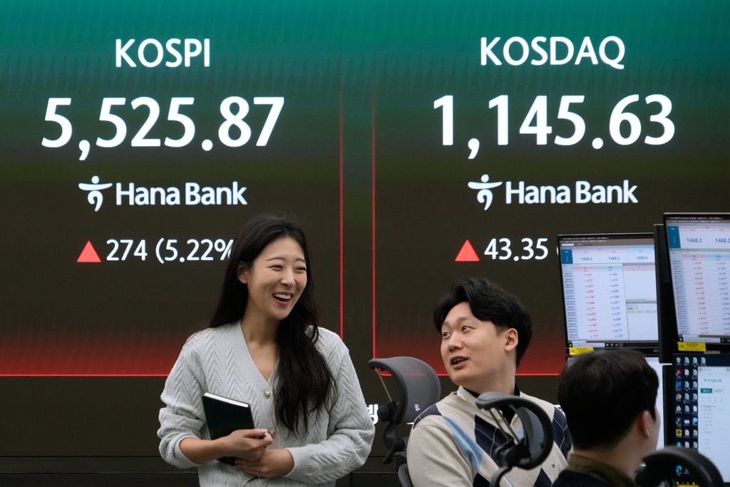 Currency trader react near a screen showing the Korea Composite Stock Price Index (KOSPI), rear left, at the foreign exchange dealing room of the Hana Bank headquarters in Seoul, South Korea, Tuesday, March 10, 2026. (AP Photo/Ahn Young-joon)