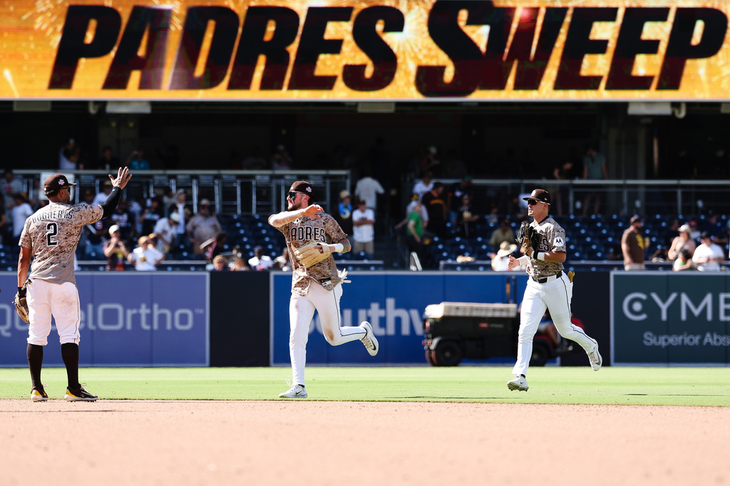 From leftSan Diego Padres' Xander Bogaerts, Jackson Merrill and Jase Bowen celebrate after the team defeated the Minnesota Twins in a baseball game Sunday, Aug. 23, 2026, in San Diego. (AP Photo/Derrick Tuskan)