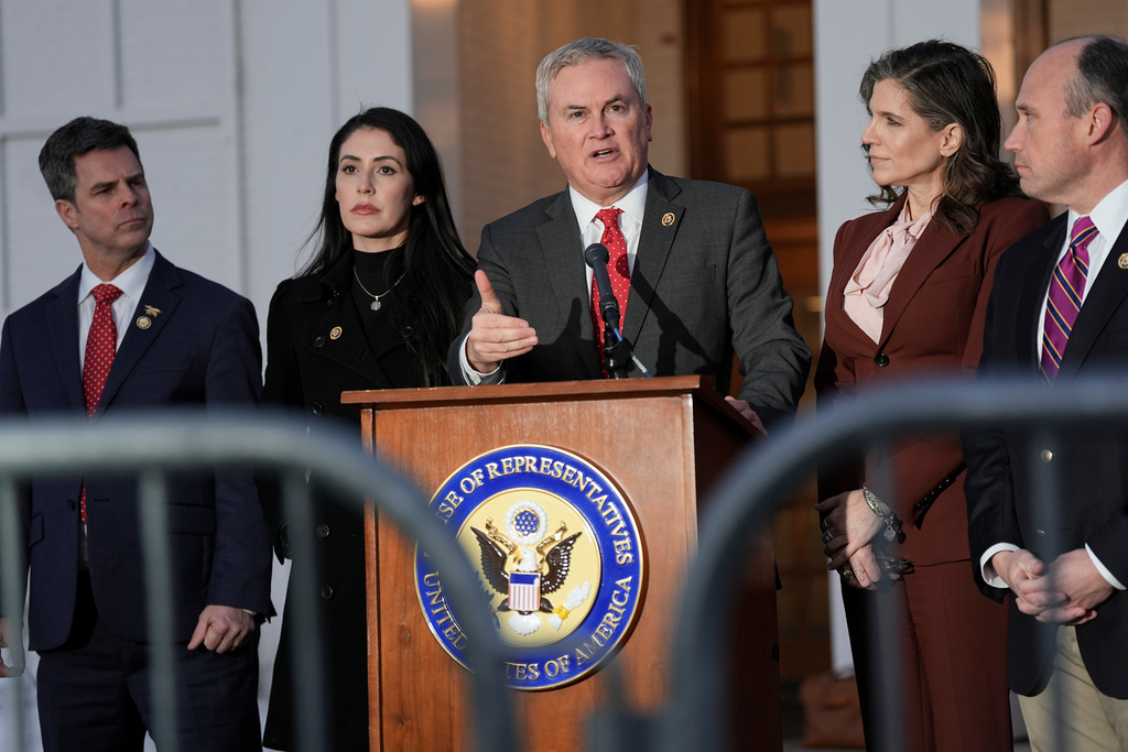 Rep. James Comer, R-Ky., speaks outside the Chappaqua Performing Arts Center where former President Bill Clinton was testifying before U.S. House lawmakers as part of a congressional investigation into convicted sex offender Jeffrey Epstein, Friday, Feb. 27, 2026, in Chappaqua, N.Y. (AP Photo/Angelina Katsanis)