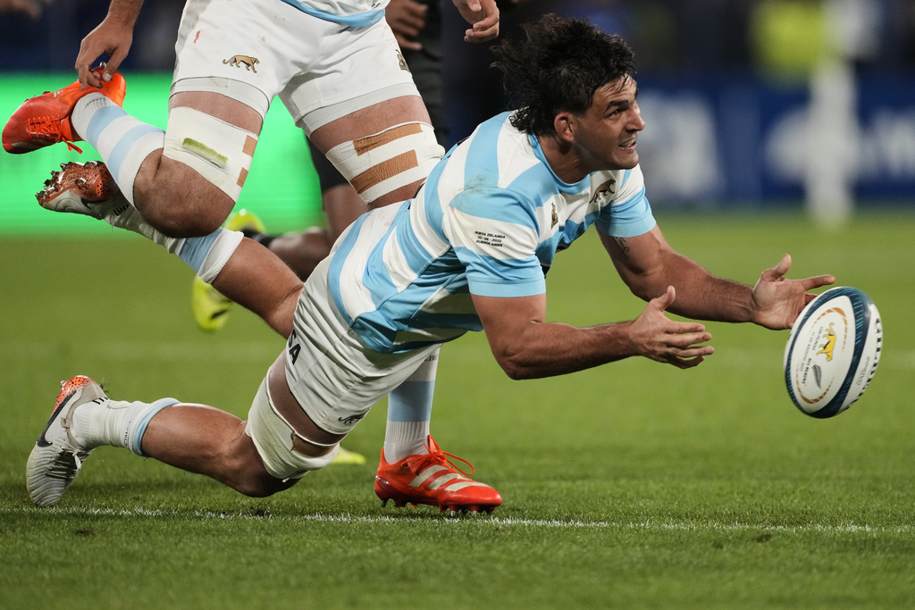 Argentina's Los Pumas Pablo Matera falls during a rugby championship match against New Zealand's All Blacks in Buenos Aires, Argentina, Saturday, Aug. 23, 2025. (AP Photo/Gustavo Garello)