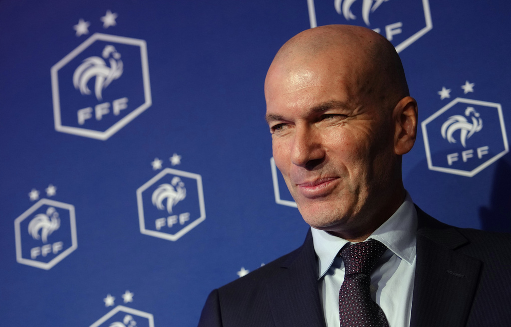 Zinedine Zidane, newly appointed coach of the France national soccer team, attends a media conference at the headquarters of French Football Federation headquarters in Paris, Tuesday, July 28, 2026. (AP Photo/Aurelien Morissard)