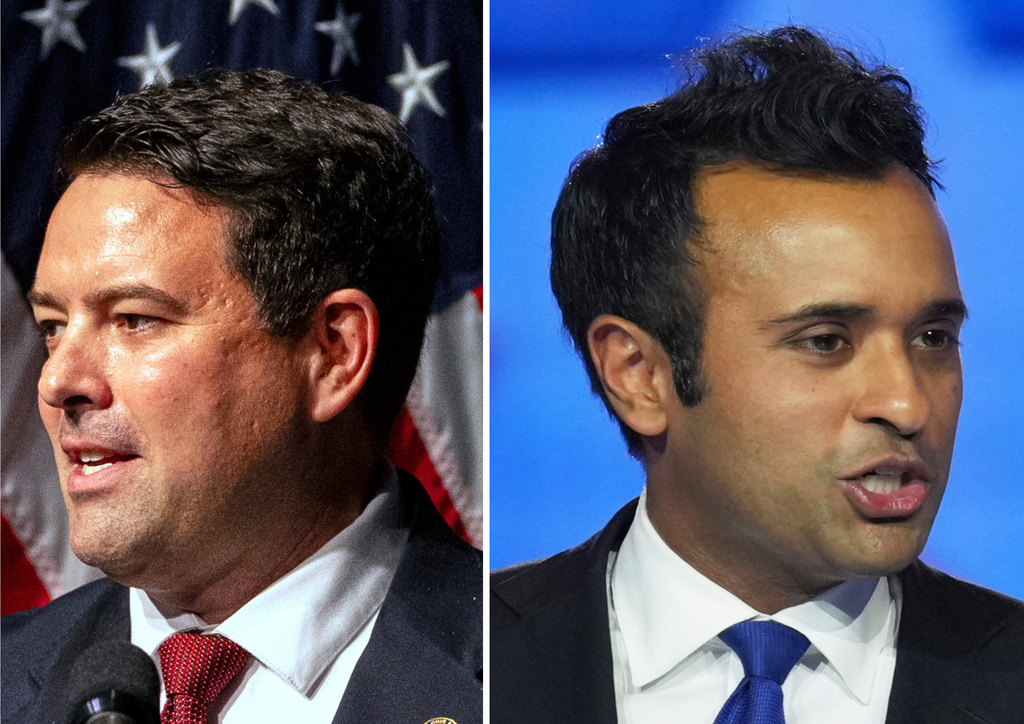 This photo combo shows from left, Ohio state Sen. Rob McColley and Republican Vivek Ramaswamy. (AP Photo/File)