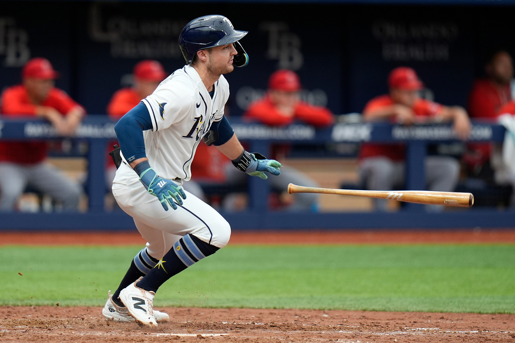 Tampa Bay Rays' Ben Williamson drops his bat after his RBI single off Los Angeles Angels pitcher Drew Pomeranz during the seventh inning of a baseball game Sunday, May 31, 2026, in St. Petersburg, Fla. (AP Photo/Chris O'Meara)
