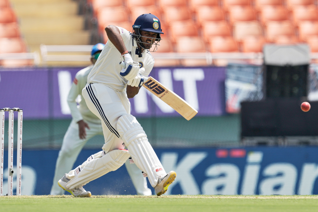 India's Sai Sudharsan bats on day one of the cricket test match between Afghanistan and India in New Chandigarh, India, Saturday, June 6, 2026. (AP Photo/Ashwini Bhatia)