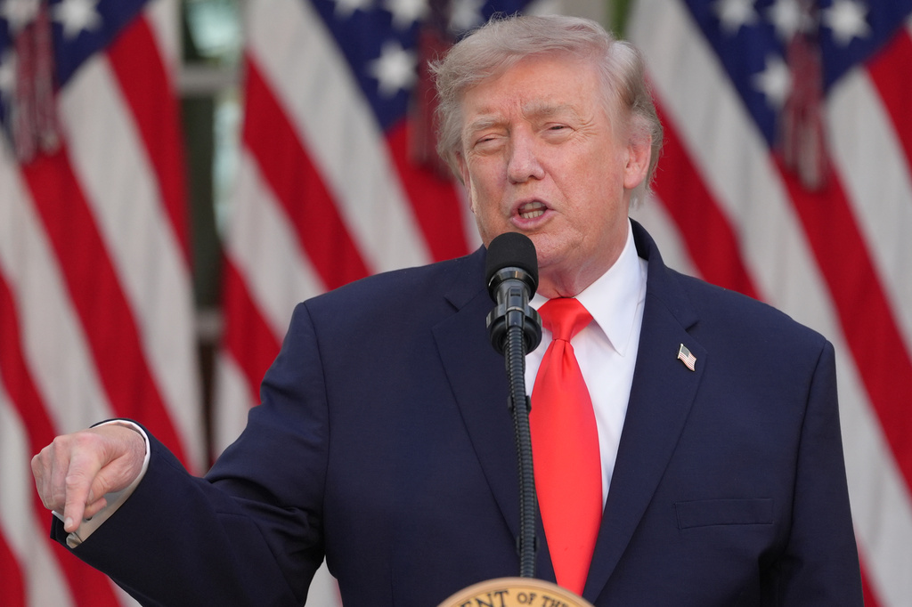 President Donald Trump speaks at a Rose Garden Club dinner with farmers, in the Rose Garden of the White House, Thursday, June 25, 2026, in Washington. (AP Photo/Jacquelyn Martin)