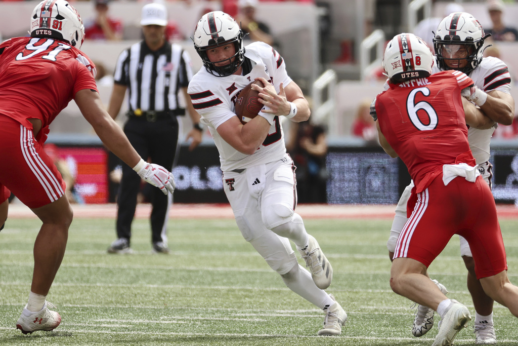 Texas Tech quarterback Will Hammond runs against Utah during the second half of an NCAA college football game Saturday, Sept. 20, 2025, in Salt Lake City, Utah. (AP Photo/Jeffrey D. Allred)