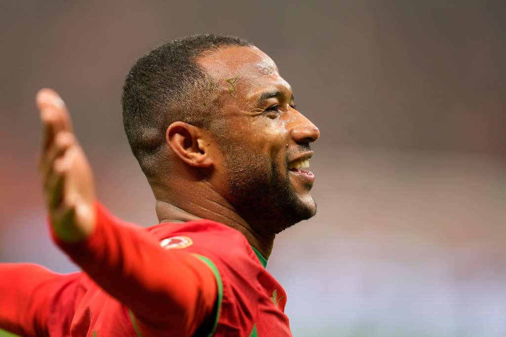 Morocco's Ayoub El Kaabi celebrates after scoring during the Africa Cup of Nations group A soccer match between Morocco and Comoros in Rabat, Morocco, Sunday, Dec. 21, 2025. (AP Photo/Mosa'ab Elshamy)