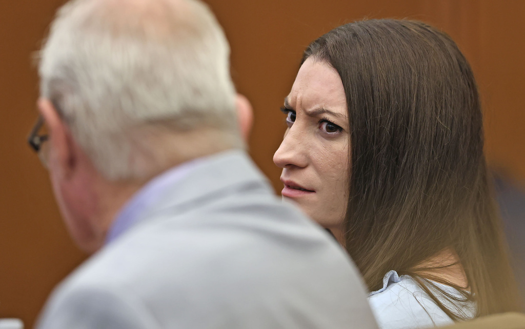 Lindsay Clancy reacts to news that a woman was arrested for recording images of the jury at Plymouth Superior Court in Plymouth, Mass., Wednesday, Sept. 2, 2026. (Greg Derr/The Patriot Ledger via AP, Pool)