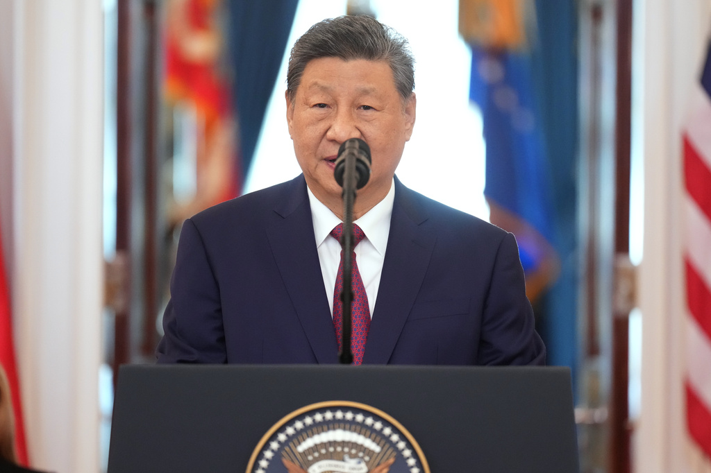 China's President Xi Jinping spells during and arrival ceremony with President Donald Trump, first lady Melania Trump, and Peng Liyuan in the Grand Foyer of the White House, Thursday, Sept. 24, 2026, in Washington. (AP Photo/Jacquelyn Martin)
