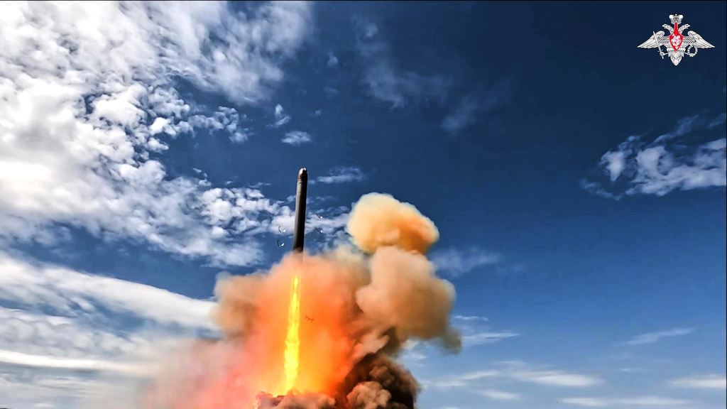 In this image made from video provided by Russian Defense Ministry Press Service on Tuesday, May 12, 2026, Russia's new Sarmat intercontinental ballistic missile is test launched at an unspecified location in Russia. (Russian Defense Ministry Press Service via AP)
