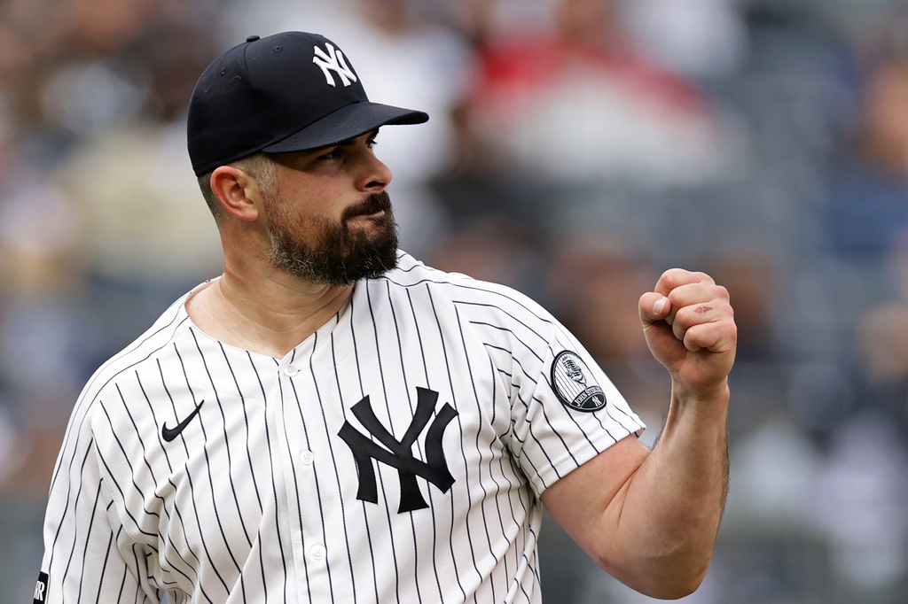 New York Yankees pitcher Carlos Rodon reacts after the final out in the top half of the seventh inning during the first baseball game of a doubleheader against the Tampa Bay Rays, Tuesday, Sept. 22, 2026, in New York. (AP Photo/Adam Hunger)
