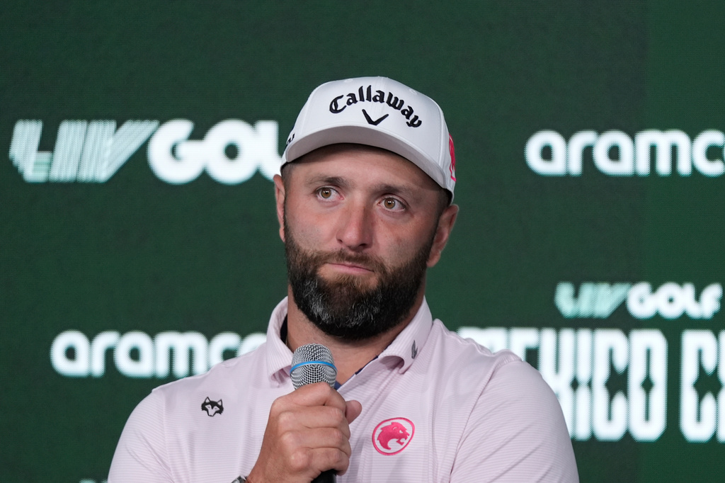 Captain Jon Rahm of Legion XIII speaks after the first round of the LIV Golf tournament in Naucalpan on the outskirts of Mexico City, Thursday, April 16, 2026. (AP Photo/Fernando Llano)