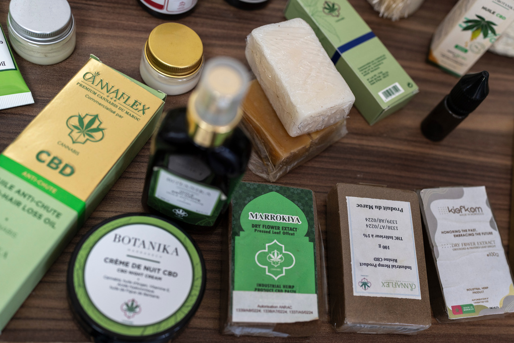 CBD and medicinal cannabis products are displayed inside a cooperative that is licensed to produce and sell them, near Bab Berred, Chefchaouen, Morocco, Monday, Nov. 24, 2025. (AP Photo/Mosa'ab Elshamy)