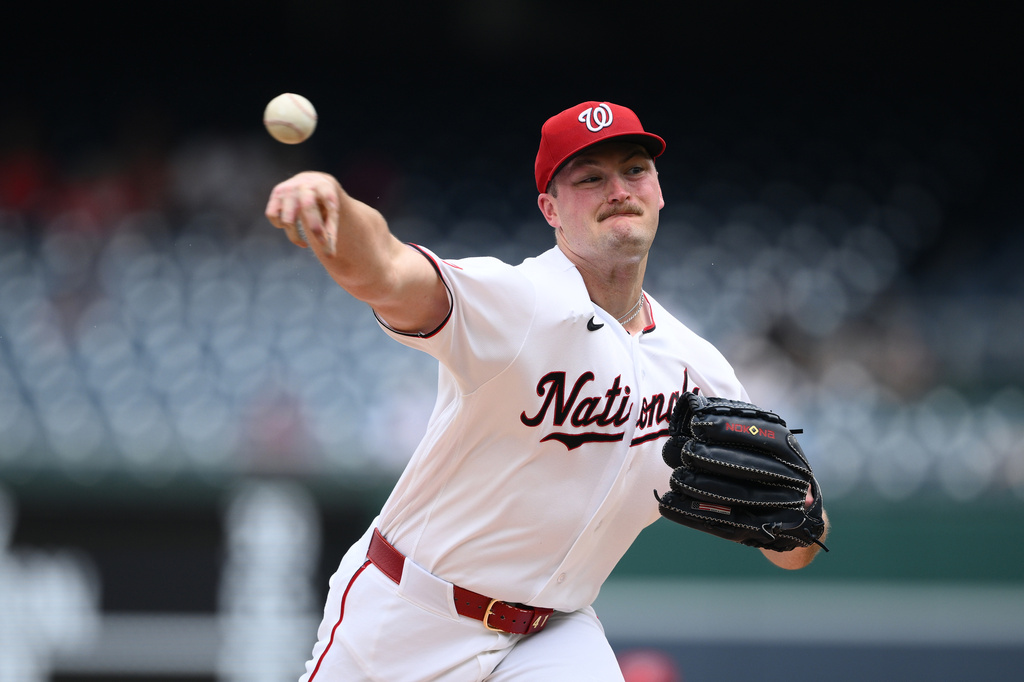 Washington Nationals pitcher Brad Lord throws during the first inning of a baseball game against the Atlanta Braves , Wednesday, Sept. 2, 2026, in Washington. (AP Photo/Nick Wass)