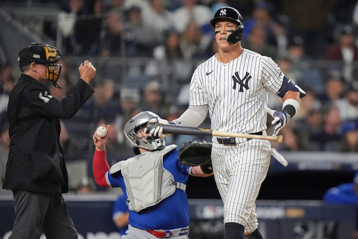 New York Yankees' Aaron Judge reacts after striking out against the Toronto Blue Jays during the eighth inning of Game 4 of baseball's American League Division Series, Wednesday, Oct. 8, 2025, in New York. (AP Photo/Frank Franklin II) New York Yankees' Aaron Judge reacts after striking out against the Toronto Blue Jays during the eighth inning of Game 4 of baseball's American League Division Series, Wednesday, Oct. 8, 2025, in New York. (AP Photo/Frank Franklin II)