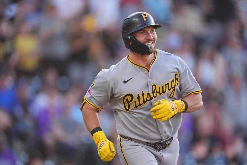 Pittsburgh Pirates' Spencer Horwitz heads up the first base line after hitting a solo home run off Colorado Rockies starting pitcher Tomoyuki Sugano in the first inning of a baseball game Saturday, June 20, 2026, in Denver. (AP Photo/David Zalubowski)