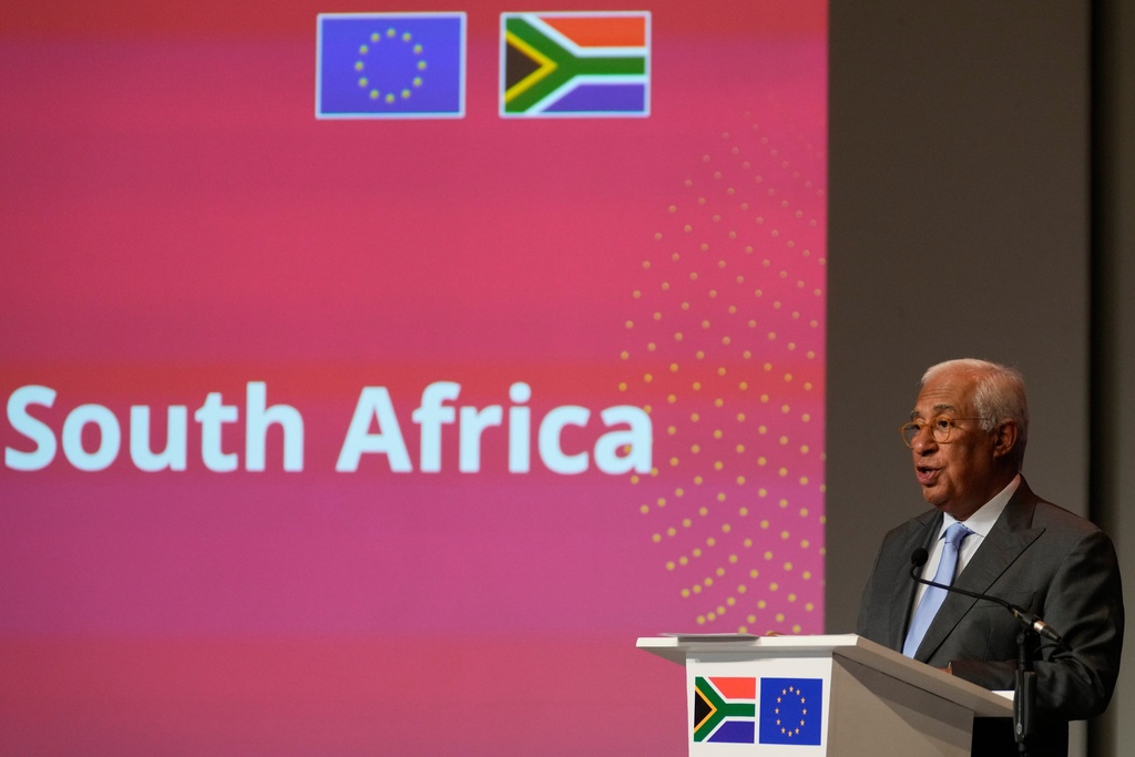 European Council's President Antonio Costa addresses the media in Johannesburg, South Africa, Thursday, Nov. 20, 2025. (AP Photo/Themba Hadebe)