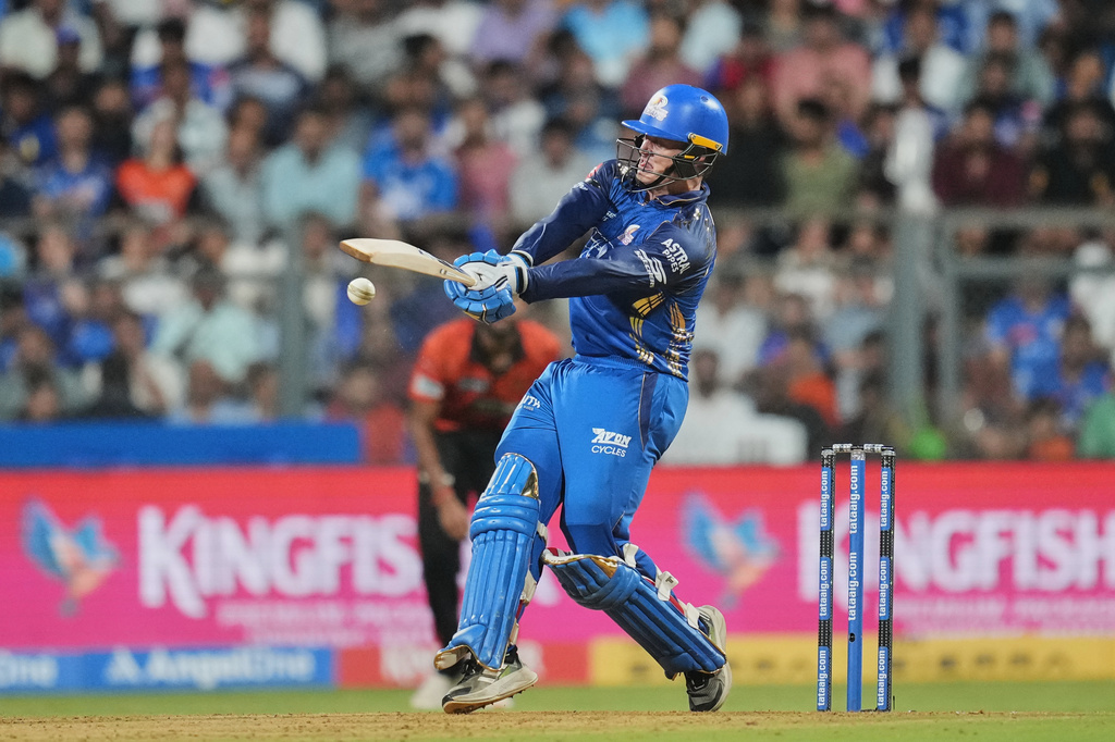 Mumbai Indians' Ryan Rickelton plays a shot during the Indian Premier League cricket match between Mumbai Indians and Sunrisers Hyderabad in Mumbai, India, Wednesday, April 29, 2026.(AP Photo/Rafiq Maqbool)