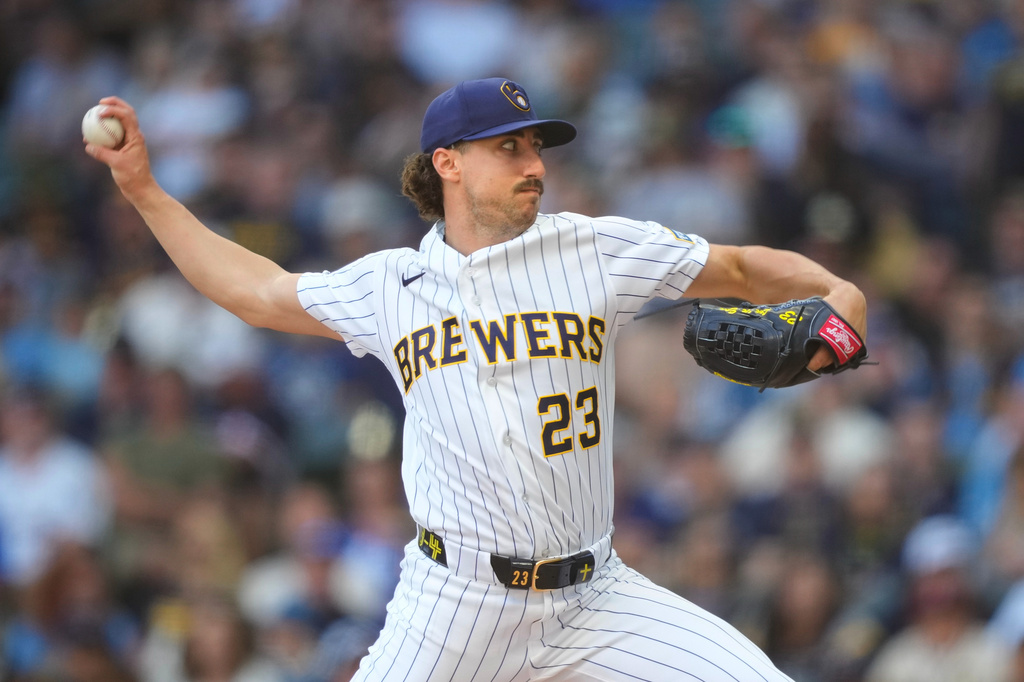 Milwaukee Brewers pitcher Brandon Sproat throws during the third inning of a baseball game against the Los Angles Dodgers, Sunday, May 24, 2026, in Milwaukee. (AP Photo/Kayla Wolf)