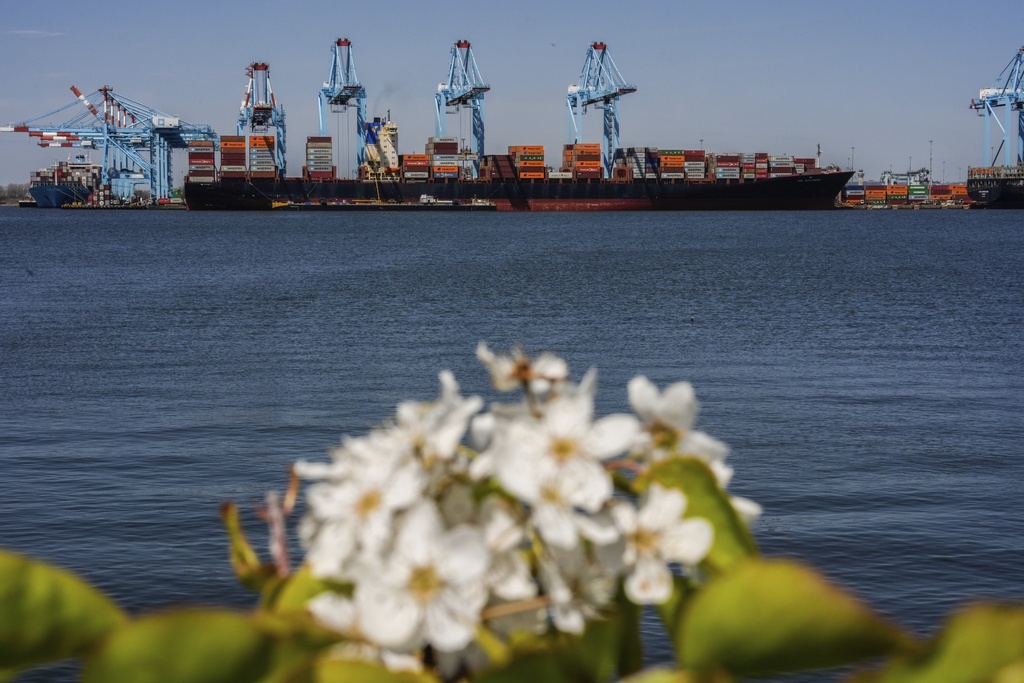 FILE - Shipping containers sit on the container ship Alexandra at the Port Newark Container Terminal, April 18, 2025, in Newark, N.J. (AP Photo/Julia Demaree Nikhinson)