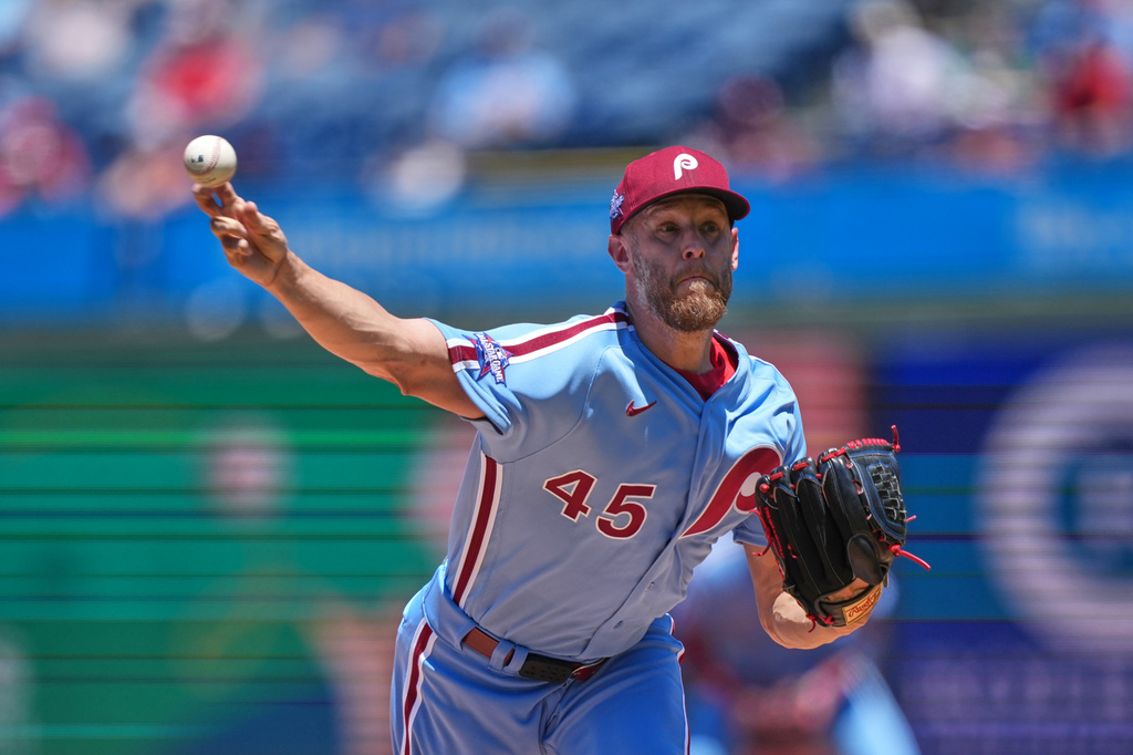 Philadelphia Phillies pitcher Zack Wheeler pitches during the first inning of a baseball against the San Diego Padres, Thursday, June 4, 2026, in Philadelphia. (AP Photo/Matt Rourke)