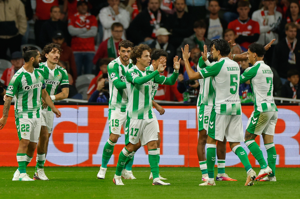 Real Betis players celebrate after scoring during the Champions League opening phase soccer match between Lille and Real Betis in Lille, France, Tuesday, Sept. 8, 2026. (AP Photo/Jean-Francois Badias)