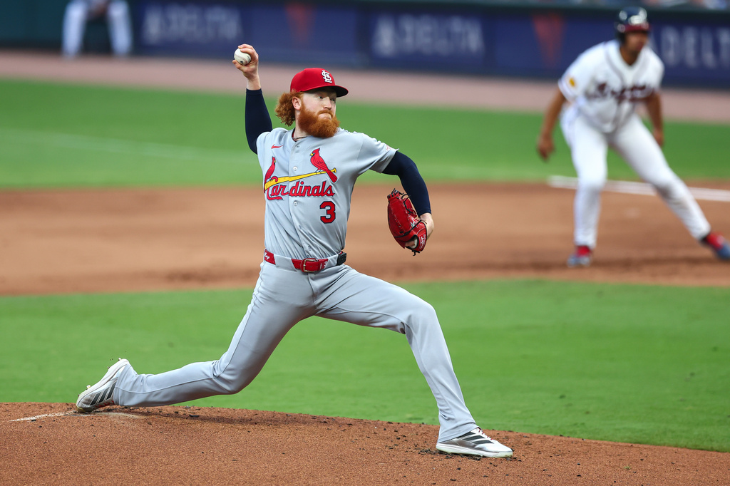 St. Louis Cardinals pitcher Dustin May (3) delivers in the first inning of a baseball game against the Atlanta Braves, Thursday, July 2, 2026, in Atlanta. (AP Photo/Colin Hubbard)